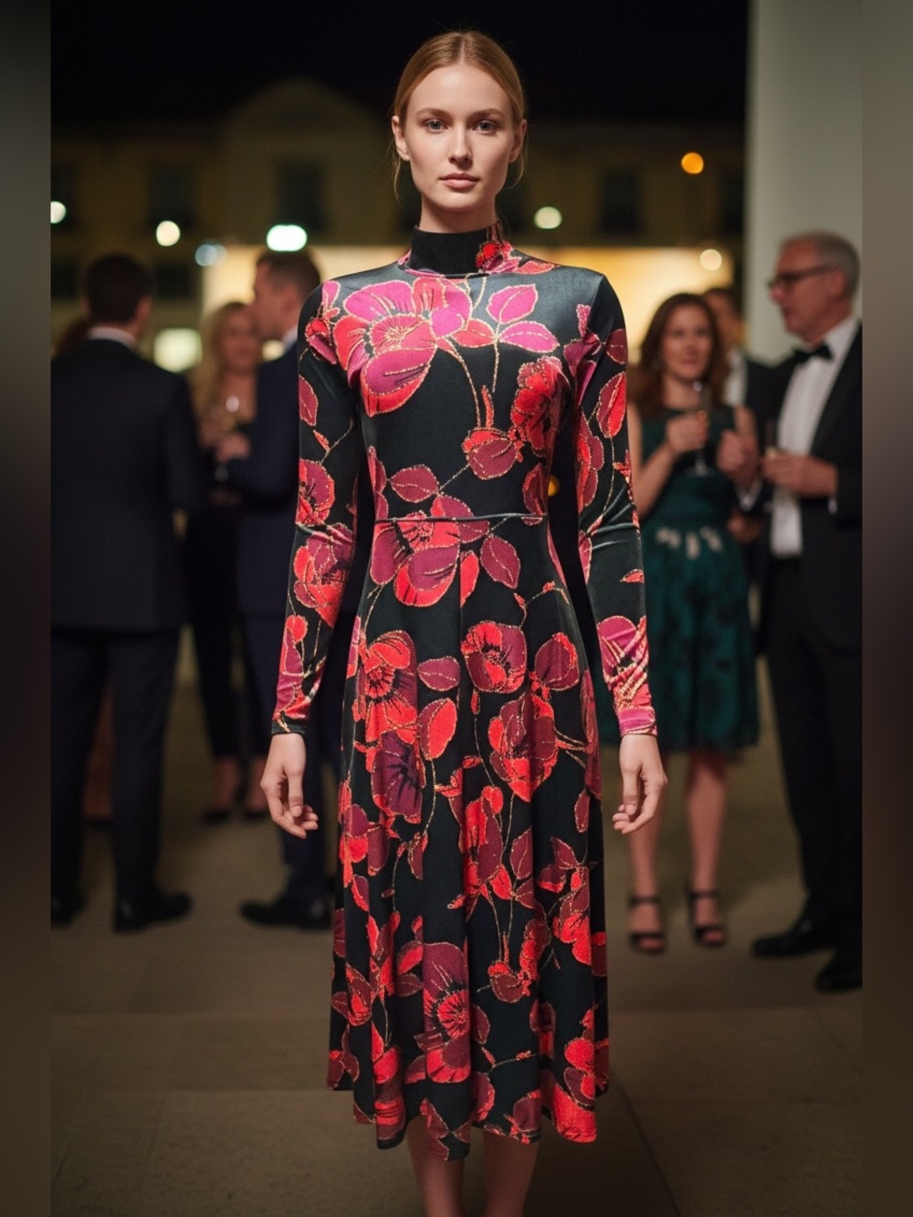 NWT Chelsea & Violet XS Nell Red Floral Velvet Mock Neck Long Sleeve Midi Dress